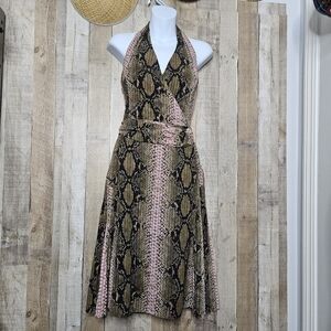 KAREN MILLEN UK Pink Taupe Snake Print Faux Wrap V-neck Pleated Midi Dress Sz 4